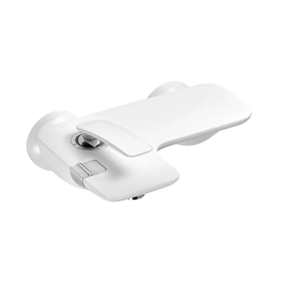 Weißer Kludi Mischbatterie mit zwei runden Aufhängungen und einem Bedienhebel, geeignet für Wannenfüllung und Brause. Dezentes und funktionales Design.